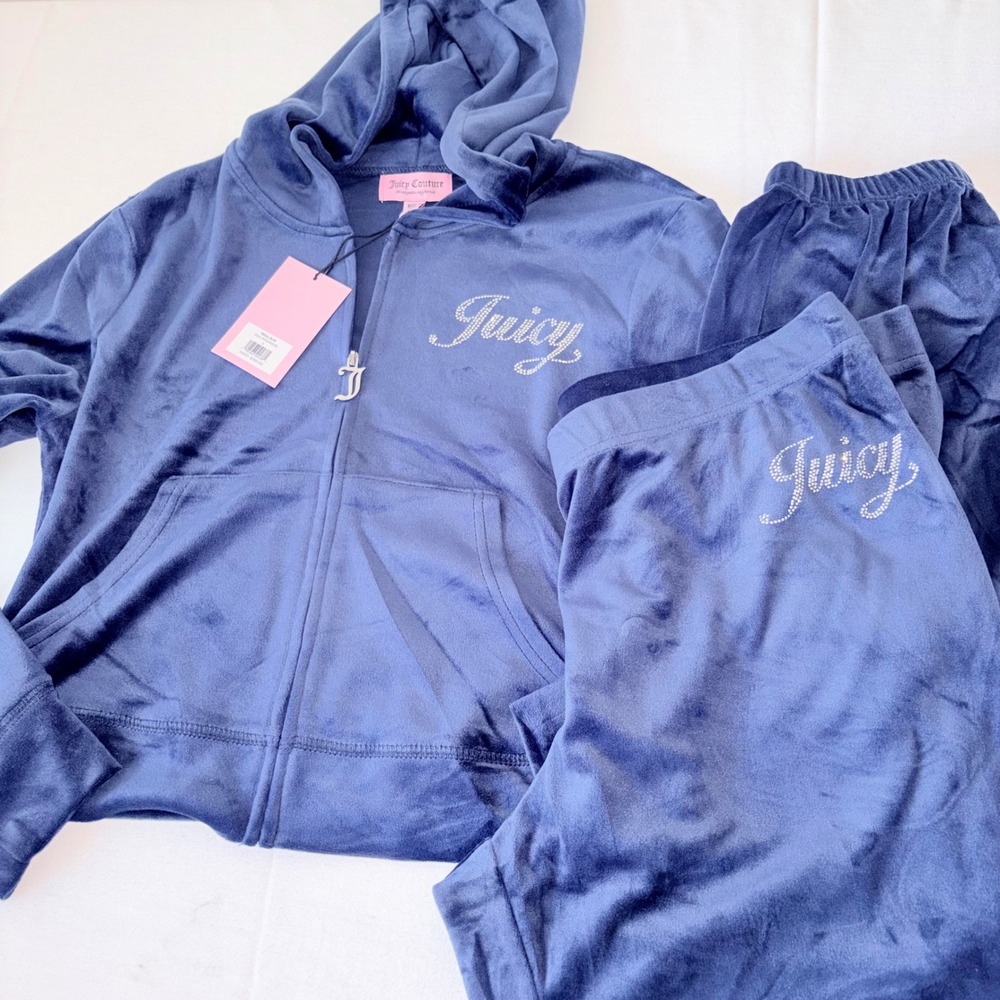 Juicy Couture Velour Tracksuit regal Blue Rhinestone Logo Hoodie Pants Set Large